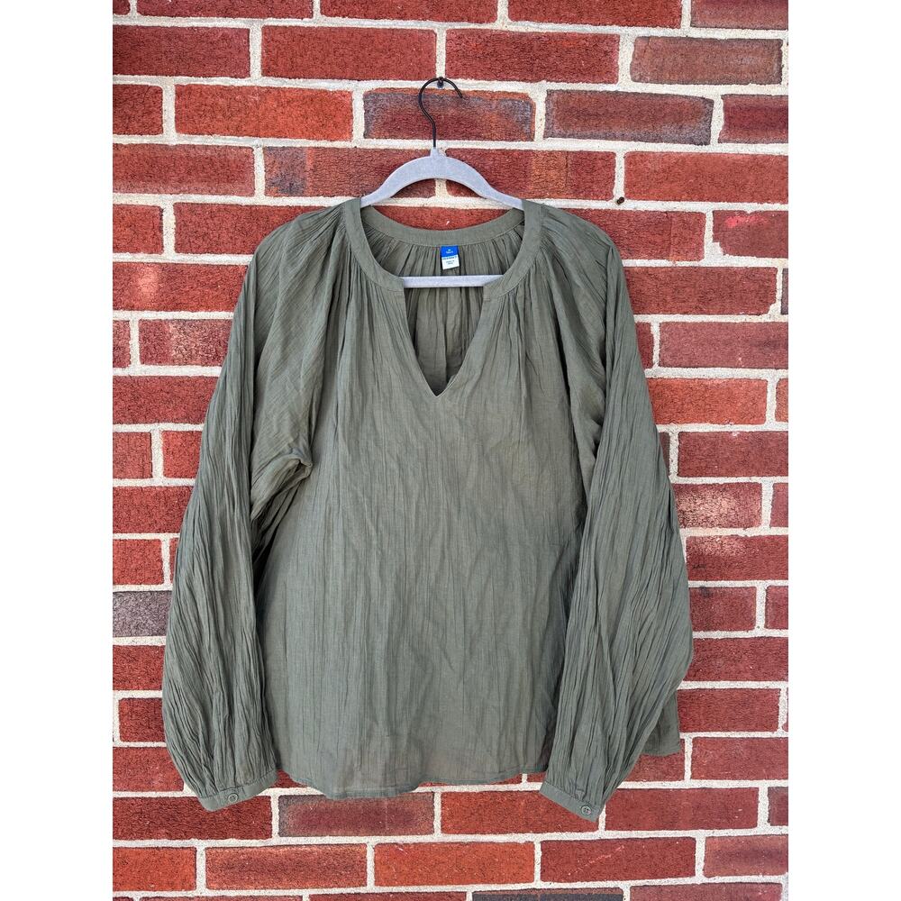 Old Navy Olive Green Peasant Blouse Medium Tall Boho Long Sleeve Cotton Top - Picture 2 of 14